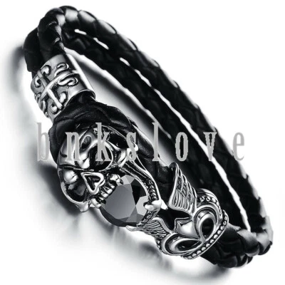 Мужской винтажный панк из нержавеющей стали CZ череп плетеные слои черный кожаный браслет - Изображение 1 из 4