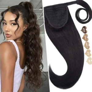 Claw Clip In 100% Remy Human Hair Extensions Wrap Around Hairpiece Ponytail Hair - Picture 1 of 35