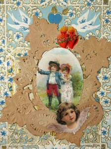 Antike viktorianische Valentinskarte Umschlag gestanzt Engel wahre Liebe 1890-1900er - Bild 1 von 8