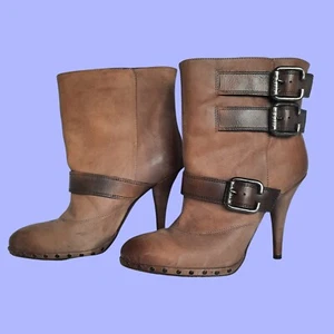 Miss Sixty Ankle Boots Heels 38 Size 7.5 Brown Distressed Leather Studded Buckle - Picture 1 of 9