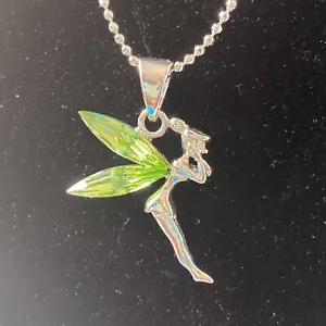 Disney Tinkerbell Fairy Necklace Peridot Colore Swarovski Crystal Rhodium Plated - Picture 1 of 8