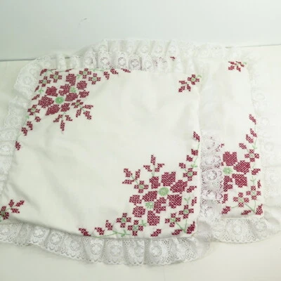 Handmade White Decorative Pillow Cases Lace Trim Needlepoint 16x16 Christmas - Image 1 of 4