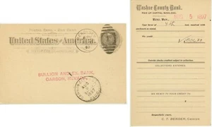 1897 Reno Nevada Washoe Co.Bank C T Bender to Bullion And Ex. Bank, Carson  - Picture 1 of 1