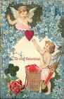 VALENTINE FANTASY Cupids w Real SILK Heart & Clover c1910 Postcard