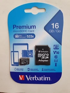 VERBATIM MICRO-SD 16GB CLASSE 10, CON ADATTATORE - Foto 1 di 1