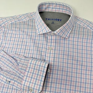 Twillory Shirt Mens 16.5 34-35 Pink Blue Plaid Performance Stretch Dress Coolmax - Picture 1 of 8