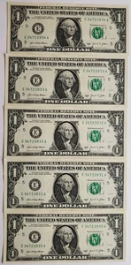 Cinco billetes consecutivos de $1 con un billete de sujetalibros número de serie de lujo 2021 - Imagen 1 de 2