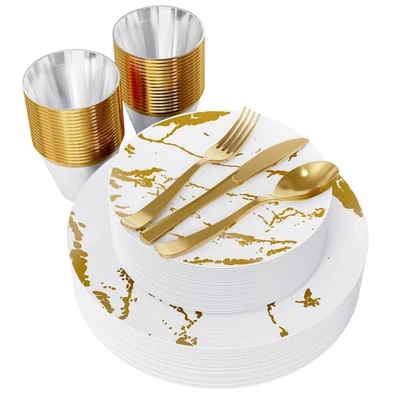 Juego de vajilla desechable 180 piezas 30 invitados, 60 platos de plástico blanco y dorado,... Foto 1 de 4