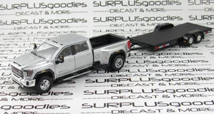 Greenlight 1:64 Silver 2022 GMC SIERRA 3500 SLT Dually Pickup w/Open Car Trailer - Picture 1 of 10