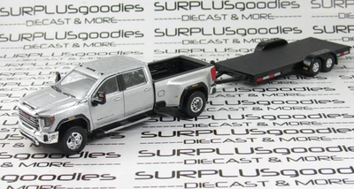 Greenlight 1:64 Silver 2022 GMC SIERRA 3500 SLT Dually Pickup w/Open Car Trailer - Image 1 of 4
