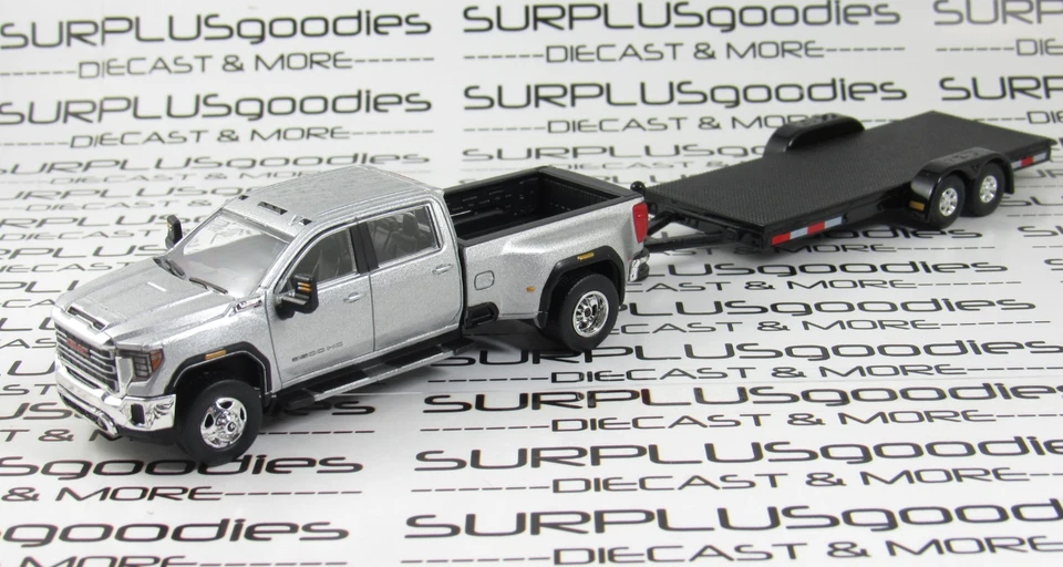 Greenlight 1:64 Silver 2022 GMC SIERRA 3500 SLT Dually Pickup w/Open Car Trailer - Image 1 of 4