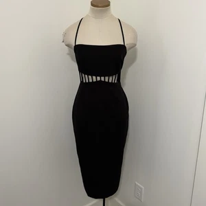 NUOVO Jewel Badgley Mischka 2 nero ritaglio gabbia abito midi sera cocktail aderente - Foto 1 di 9