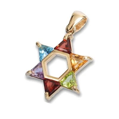 Star of David Jewish Pendant In 14k Yellow Gold Magen Charm Multicolor Stones - Image 1 of 4