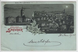 AK Speicher, Kirche, Pfarr- und Schulhaus, Mondschein-Litho 1900 - Imagen 1 de 2
