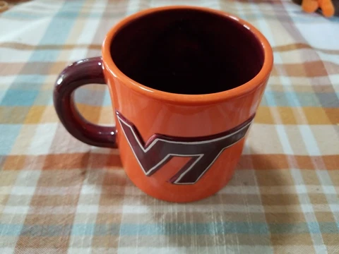 Virginia Tech Hokies VT Coffee Mug Raised Lettering & Bird Orange With Burgundy Cover