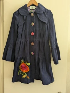 Giacca lunga Judith March blu velluto a coste ricamato fiore grande divertente bottoni taglia S - Foto 1 di 10