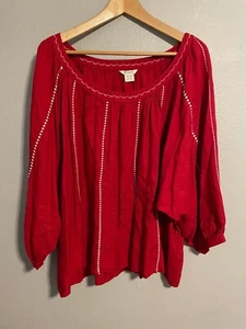 Ariat Womens Top XL Red Rayon Embroidered Oversized Puff Sleeve Pleated Western - Picture 1 of 7