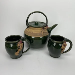 Hand Thrown Pottery Teapot & 2 Cups Mugs Applied Ribbon Flowers Balanced Tea Pot - Picture 1 of 20