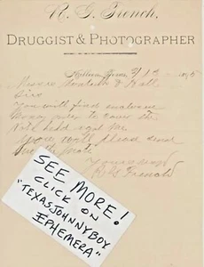 1895 R G Francés KILLEEN TEXAS Fotógrafo y Droga MEMBRETE Carta Firmada - Imagen 1 de 1
