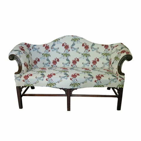 Diminutive English George III Carved Mahogany Camel Back Sofa Cover