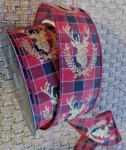 XMAS Ribbon WIRE EDGE GOLD GLITTER STAG  RED BLACK GREEN PLAID 2 1/2" X 5 Yds - Picture 1 of 6