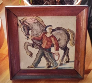 Altes Keramikbild - Mensch mit Pferd 19 cm x 19 cm - Bild 1 von 2