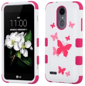 Per LG ARISTO 2 / K8 2018 - Custodia corazzata ibrida rigida e morbida rosa farfalle - Foto 1 di 1