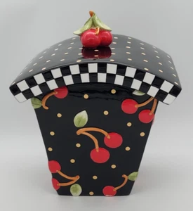 MARY ENGELBREIT At Home Red & Black Polka Dot Cherries Retro Cookie Jar Canister - Picture 1 of 24