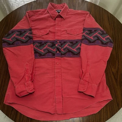 VTG Rare Wrangler Brushpopper Size 17-35 Pink Aztec Western Print Shirt Made USA - Image 1 of 4