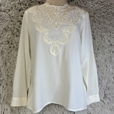 Blusa blanca vintage Kathy Che talla 12 apliques de encaje festoneado lentejuelas con cuentas Foto 1 de 4