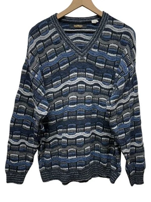 复古 90 年代 Bachrach 3D 针织毛衣男式 L 蓝色灰色羊毛混纺爷爷抽象 — 第 1/4 张图片