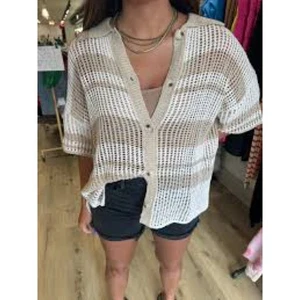 Le Lis Beige Cream Striped Crochet Open Knit Button Down Shirt Size XS - Picture 1 of 6