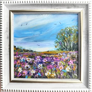 Dipinto olio originale incorniciato paesaggio colorato, paesaggio primaverile 5x5in - Foto 1 di 9
