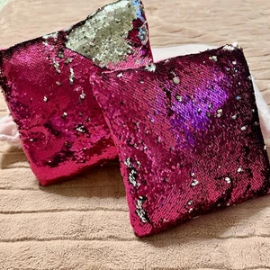 Set of 2 Pink &Silver Reversible Sequin Throw Pillows 11”x11” Decorative Mermaid - Picture 1 of 14