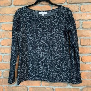 LOFT Damask Print Long Sleeve Top Womens Small Gray Elegant Blouse Lightweight - Picture 1 of 5
