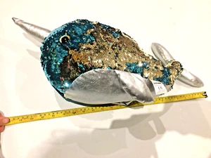 Large narwhal whale blue sequin 50cm soft toy plush - Picture 1 of 6