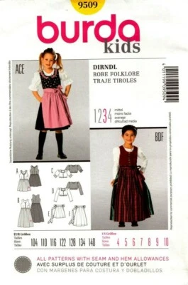 Burda Sewing Pattern 9509 Girls Kids Dirndl Folk Costume Dress Size 4-10 - image 1 of 2