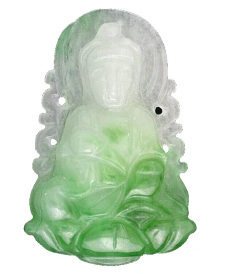 Figura Budista Jade Focal Tallada Verde Blanco 39.45 Quilates Piedras Preciosas Antiguo Stock Foto 1 de 2