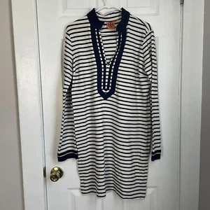 Tory Burch Damen Minikleid Baumwolle marine gestreift V-Ausschnitt Langarm Größe L - Bild 1 von 11