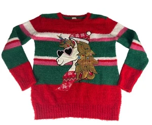 Holiday Time Striped Unicorn Ugly Christmas Sweater Girls Sz XXL 18 Red Sequins - Picture 1 of 5