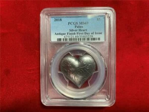 2018 $5 Palau Silver Heart SHape PCGS MS 69 Antique Finish 1oz .999 Silver Coin - Picture 1 of 4