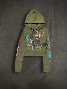 ED HARDY “BUTTERFLIES” SAGE CROPPED ZIP UP HOODIE - Picture 1 of 7