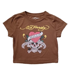 Ed Hardy T Shirt Womens M Brown Cropped Graphic Heart Skull Love Kills Slowly - Picture 1 of 13