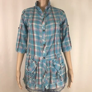 Túnica para mujer BEN~LEX, talla 38, Reino Unido, pequeña azul rosa, con botones a cuadros, mangas 3/4 - Imagen 1 de 12
