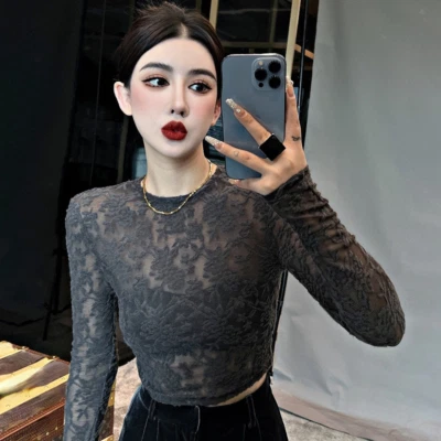 Women Floral Lace Crop Top Hollow Sheer Shirt Round Neck Slim Fit Pullover - Image 1 of 4