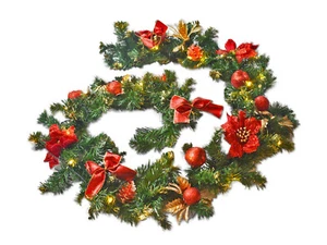 Pre Lit 2.7m Red Luxury Fireplace Christmas Garland 9ft 40 LED White Lights - Picture 1 of 10