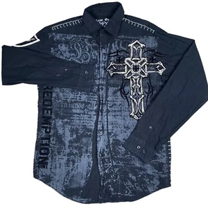 Raw State Redemption Men’s Gray Black Graphic Print Button Up Western Shirt Sz L - Picture 1 of 11