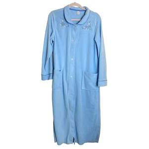 Vintage Robe Sz M Embroidered Pockets Blue Light Flannel Fleece Long Snap Unworn - Picture 1 of 9