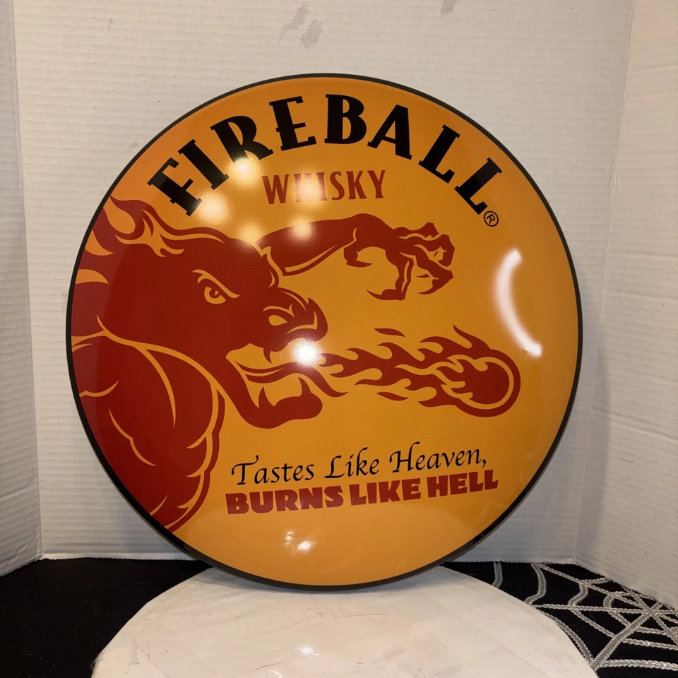 Fireball Whisky Wall Sign - Retro Metal Bar Decor - Flat Design Yellow RED HOT