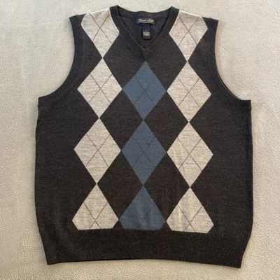 Garet Scott Suéter Chaleco Para Hombres Grande L Lana Merino Gris Azul Argyle Cuello en V Top Foto 1 de 4